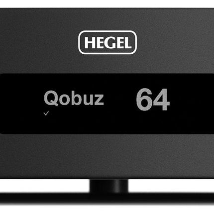 Panoul frontal al Hegel H200: butonul Source, afișajul, butonul Volume și ieșirea de căști