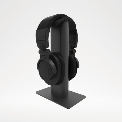 Suport de căști Kanto Audio H2, negru, în unghi de trei sferturi, cu căști