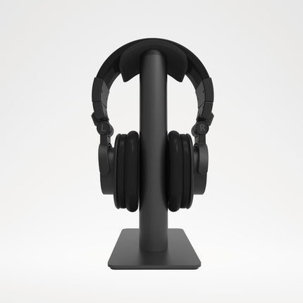 Suport de căști Kanto Audio H2, negru, văzut din față, cu căști over-ear