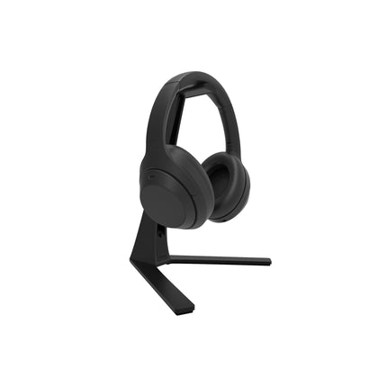 Suport de căști Kanto Audio H3, negru, cu o pereche de căști așezată pe leagăn