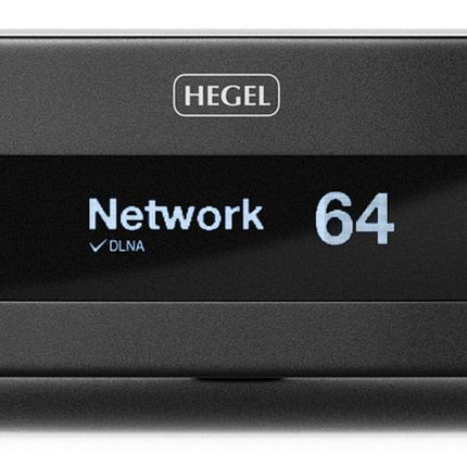 Panoul frontal al Hegel H95: butonul Source, afișajul OLED, butonul Volume și ieșirea de căști