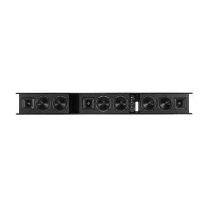 Klipsch Heritage Theater Bar in Satin Black Ash, fara grila, vazut frontal, cu difuzoarele si bornele la vedere