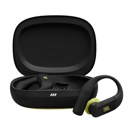 Căști sport True Wireless JBL Endurance Peak 4, negru cu lime, căștile și carcasa de încărcare deschisă