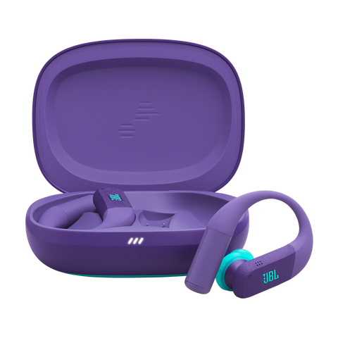 Căști sport True Wireless JBL Endurance Peak 4, violet, căștile și carcasa de încărcare deschisă