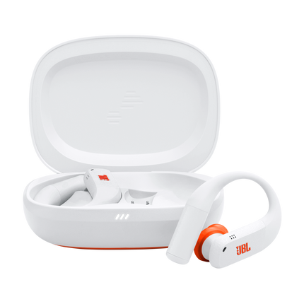 Căști sport True Wireless JBL Endurance Peak 4, alb, căștile și carcasa de încărcare deschisă