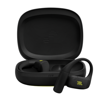 Căști sport open-ear True Wireless JBL Endurance Zone, negru cu lime, căștile și carcasa de încărcare deschisă