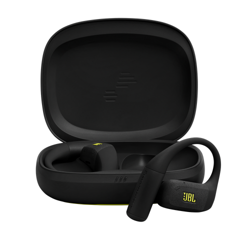Căști sport open-ear True Wireless JBL Endurance Zone, negru cu lime, căștile și carcasa de încărcare deschisă