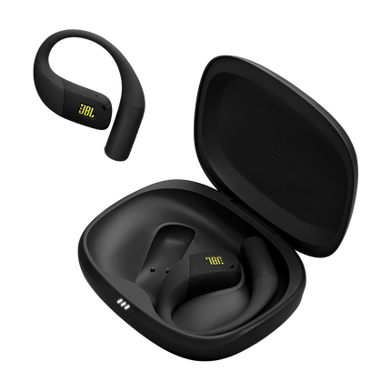 Căști sport open-ear True Wireless JBL Endurance Zone, negru cu lime, căștile și carcasa de încărcare deschisă