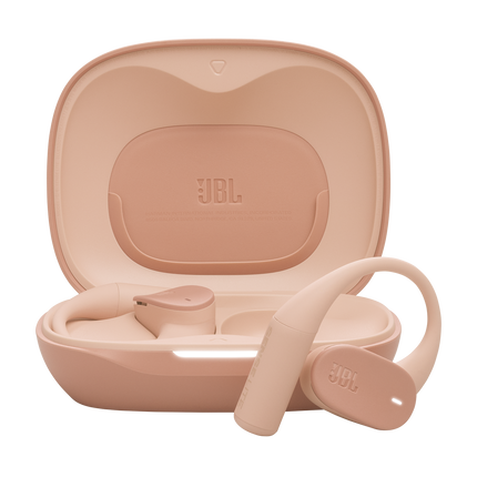 Căști open-ear True Wireless JBL Sense Lite, bej, căștile și carcasa de încărcare deschisă