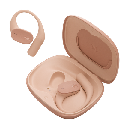 Căști open-ear True Wireless JBL Sense Lite, bej, căștile și carcasa de încărcare deschisă