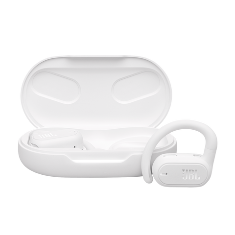 Căști open-ear True Wireless JBL Soundgear Sense, alb, căștile și carcasa de încărcare deschisă