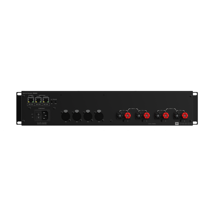 Panoul spate al amplificatorului JBL Synthesis SMA-4750 cu patru intrari XLR, trei porturi RJ45 si patru perechi de borne