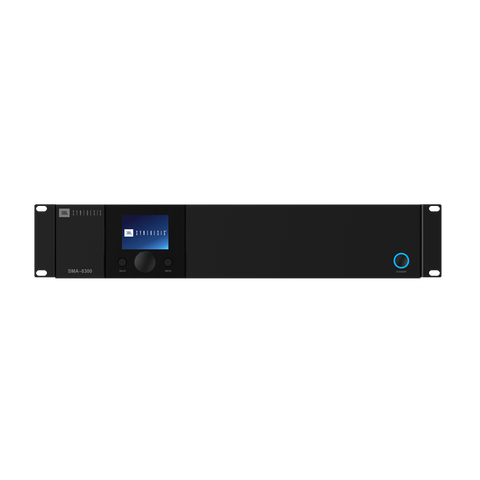 Amplificatorul JBL Synthesis SMA-8300 vazut din fata, cu ecran color si buton rotativ