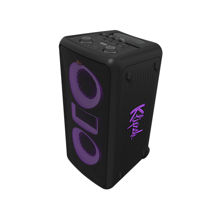 Boxa activa Klipsch Miami vazuta din trei sferturi dreapta, cu luminile aprinse