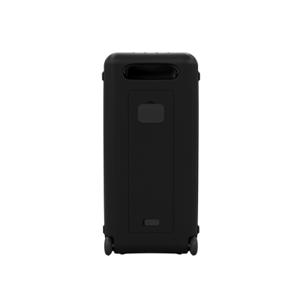 Spatele boxei Klipsch New York, cu mânerul fix de transport sus și cele două roți de troler jos