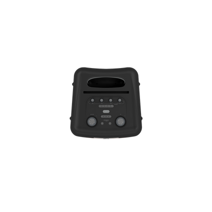Panoul superior al boxei Klipsch New York, cu potențiometrele pentru microfon, butoanele de efecte și mufele de conectare