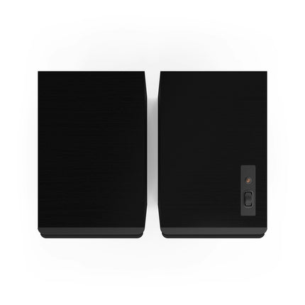 Pereche Klipsch The Nines II in finisaj Ebony, vazute de sus, cu placa de comenzi