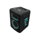 Boxa activă Klipsch Vegas văzută din trei sferturi, cu iluminarea RGB aprinsă în jurul pâlniei și al wooferului