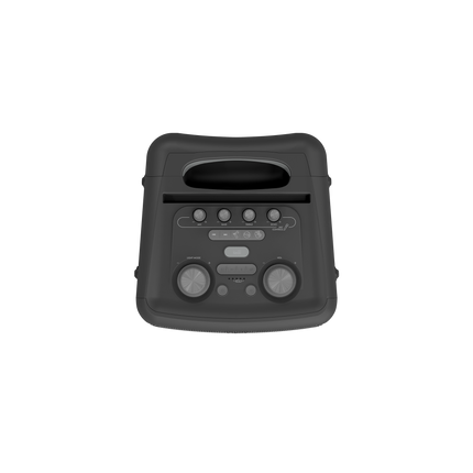 Panoul de comenzi de pe partea de sus a boxei Klipsch Vegas, cu reglaje pentru microfon, bas, înalte, ecou, lumini și volum