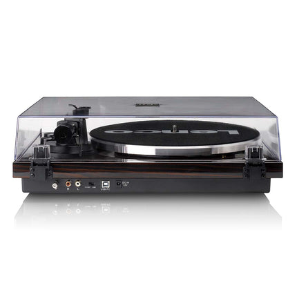 Spatele Lenco LBT-345: borna de împământare, ieșirea RCA, comutatorul PHONO / LINE, portul USB-PC și mufa de alimentare
