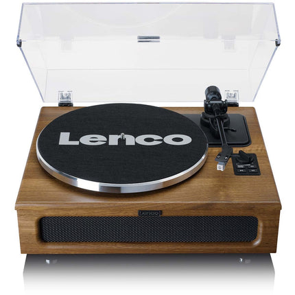 Lenco LS-410 în finisaj nuc, vedere din față, cu capacul antipraf ridicat