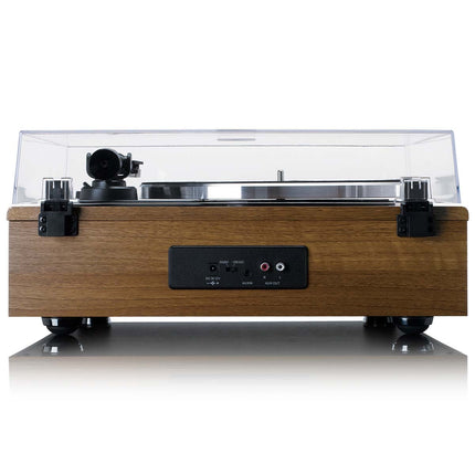 Spatele Lenco LS-410: mufa de alimentare, comutatorul PHONO / LINE OUT, intrarea AUX și ieșirea RCA