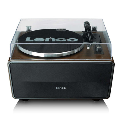 Lenco LS-470 în finisaj nuc, vedere din unghi, cu capacul antipraf închis