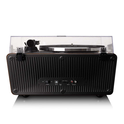 Spatele Lenco LS-470: comutatorul de alimentare, portul USB pentru calculator, comutatorul Phono / Line out, intrarea AUX și ieșirea RCA