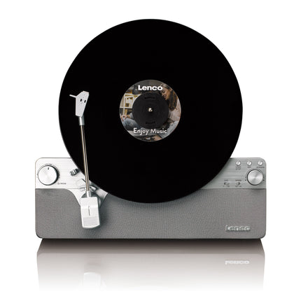 Lenco LSA-071 din față, cu un disc de vinil pe platanul vertical