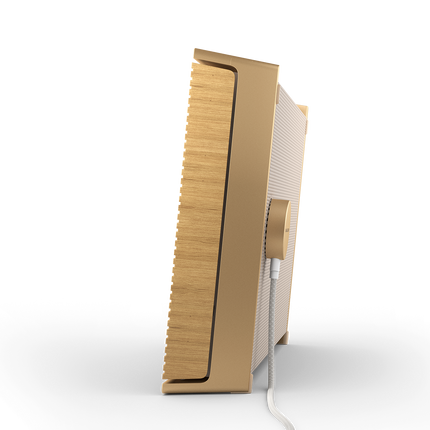 Beosound Level in Gold Tone / Light Oak, profil lateral cu cablu