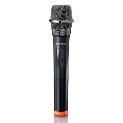 Microfonul wireless Lenco MCW-011, negru, cu grilă metalică, lângă receiverul mini cu mufă jack