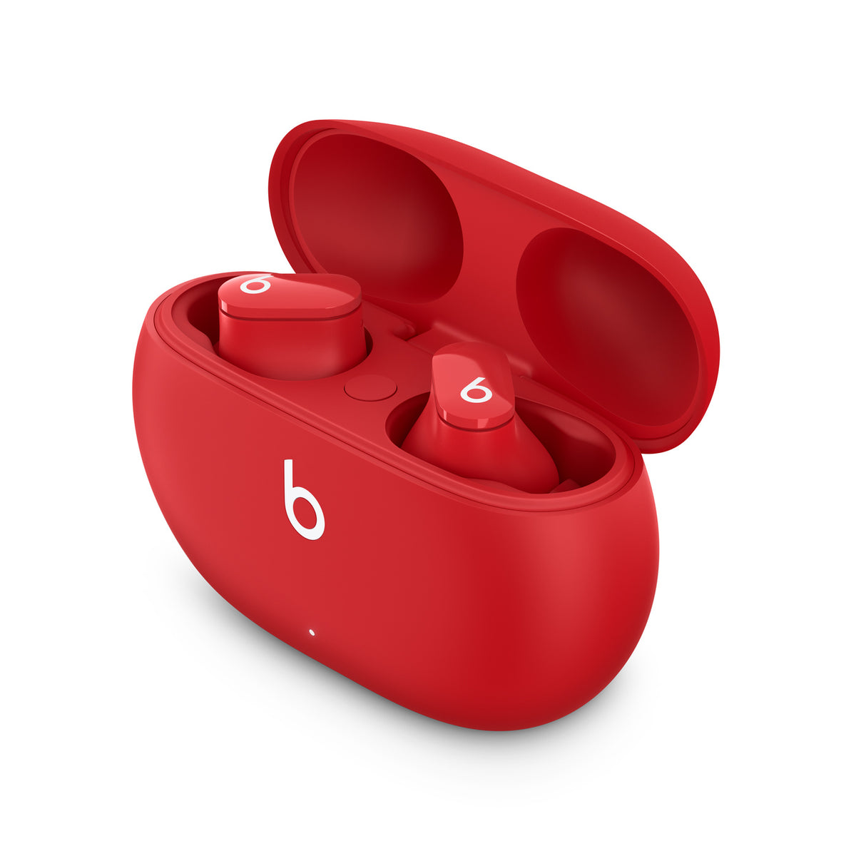 Căști Beats Studio Buds roșii, în carcasa de încărcare deschisă