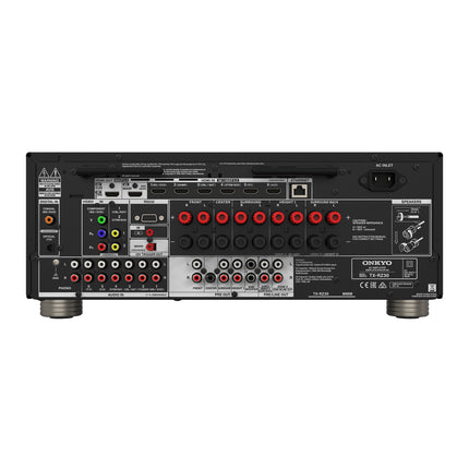 Panoul din spate al receiverului Onkyo TX-RZ30, cu borne de difuzoare, intrari HDMI si iesiri pre-out