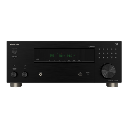 Receiver AV Onkyo TX-RZ30 negru, panoul frontal cu afisaj si buton de volum