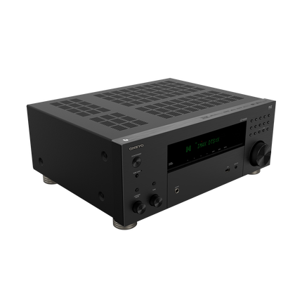 Receiver AV Onkyo TX-RZ30 vazut din unghi, cu carcasa neagra si picioare metalice