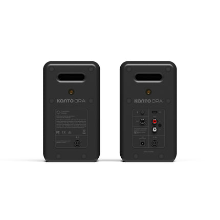 Boxe active Kanto Audio ORA negre, panourile din spate, cu conexiunile