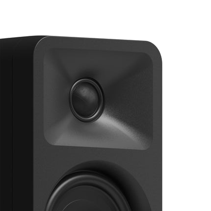 Boxe active Kanto Audio ORA negre, detaliu cu tweeterul cu dom de mătase