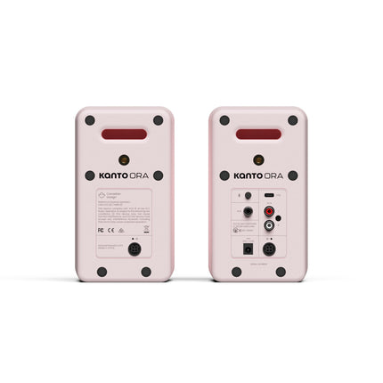 Boxe active Kanto Audio ORA roz, panourile din spate, cu conexiunile