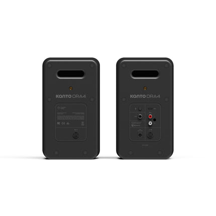 Boxe active Kanto Audio ORA4 negre, panourile din spate, cu conexiunile