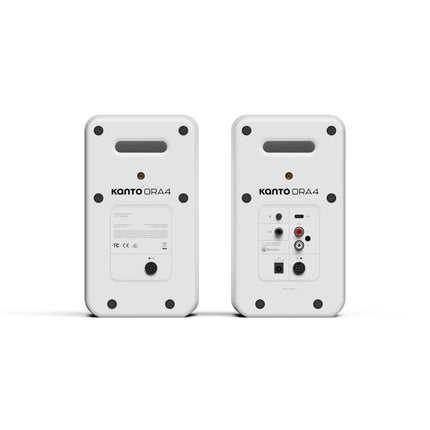 Boxe active Kanto Audio ORA4 albe, panourile din spate, cu conexiunile