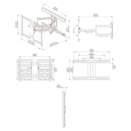 Desen tehnic Kanto PMX700 cu cote: extensie 793,9 mm, placă de perete de 823 mm