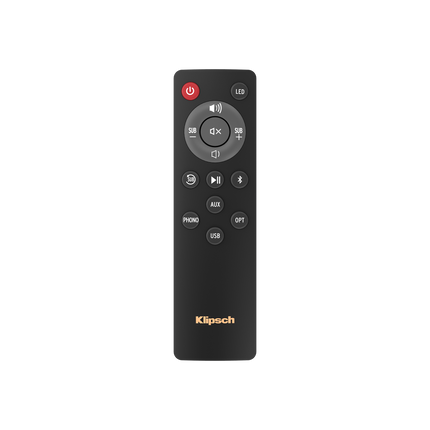 Telecomanda inclusa cu Klipsch R-40PM, cu taste dedicate pentru phono, AUX, optic, USB si Bluetooth