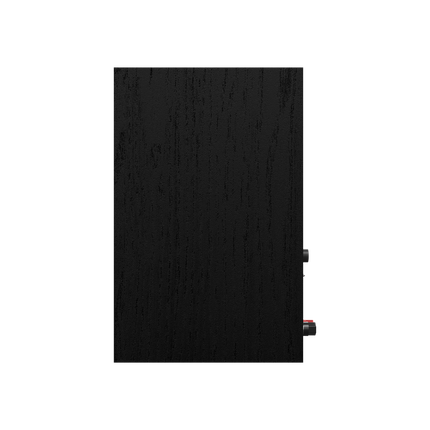 Vedere laterala a unei boxe Klipsch R-40PM, care arata adancimea incintei si textura finisajului negru