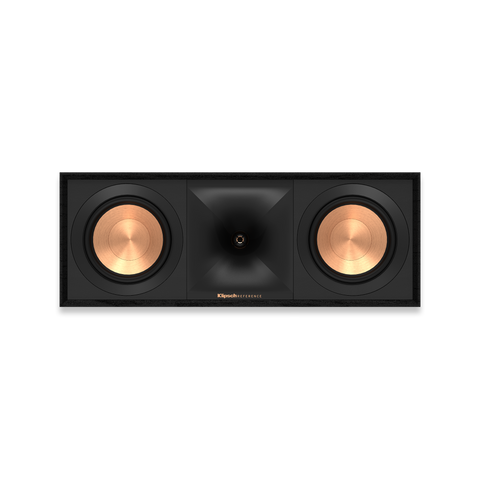 Boxa de centru Klipsch R-50C vazuta din fata, fara grila: hornul Tractrix cu tweeterul la mijloc si cate un woofer de cupru de fiecare parte