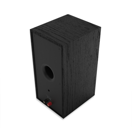Boxa Klipsch R-50M vazuta din spate in trei sferturi, cu portul bass-reflex si bornele