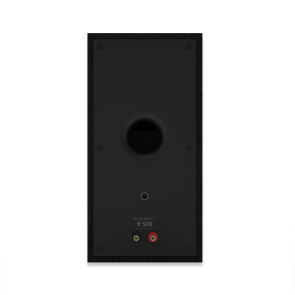 Panoul din spate al boxei Klipsch R-50M, cu portul bass-reflex, insertul filetat si o singura pereche de borne