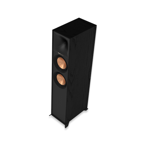 Boxa de podea Klipsch R-800F in negru, vazuta din lateral fara grila, cu hornul Tractrix deasupra celor doua woofere de cupru