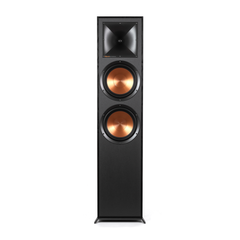 Boxa de podea Klipsch R-820F neagra, vedere frontala fara grila, cu horn Tractrix si doua woofere cupru
