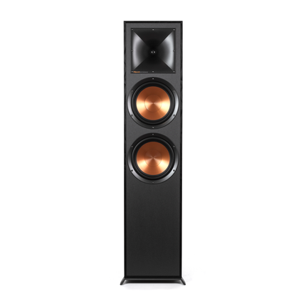 Boxa de podea Klipsch R-820F neagra, vedere frontala fara grila, cu horn Tractrix si doua woofere cupru