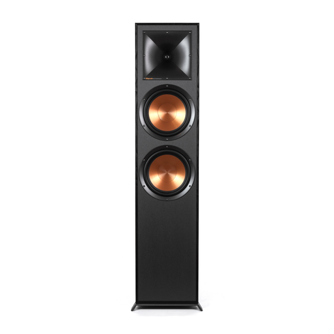 Boxa de podea Klipsch R-820F neagra, vedere frontala fara grila, cu horn Tractrix si doua woofere cupru